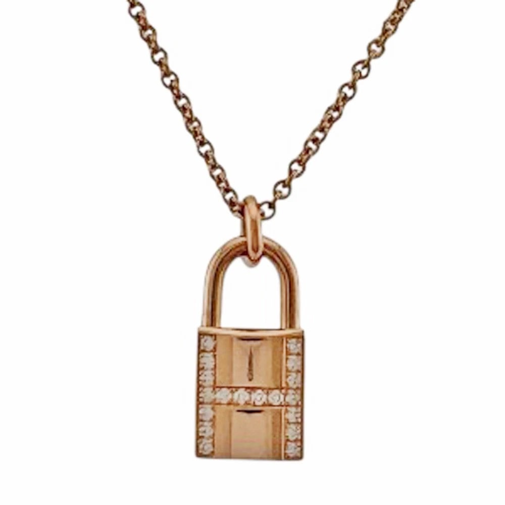 HERMES NECKLACE K18 PINK GOLD DIAMOND: HERMES Necklace K18 Pink Gold diamond Brand: HERMES Type: Necklace Material: K18 Pink Gold, Main Stone/Creation Natural Color: Pink gold Size: (CM) Total Length:40cm Chain width:1.5mm Top:W8.0mm x H19