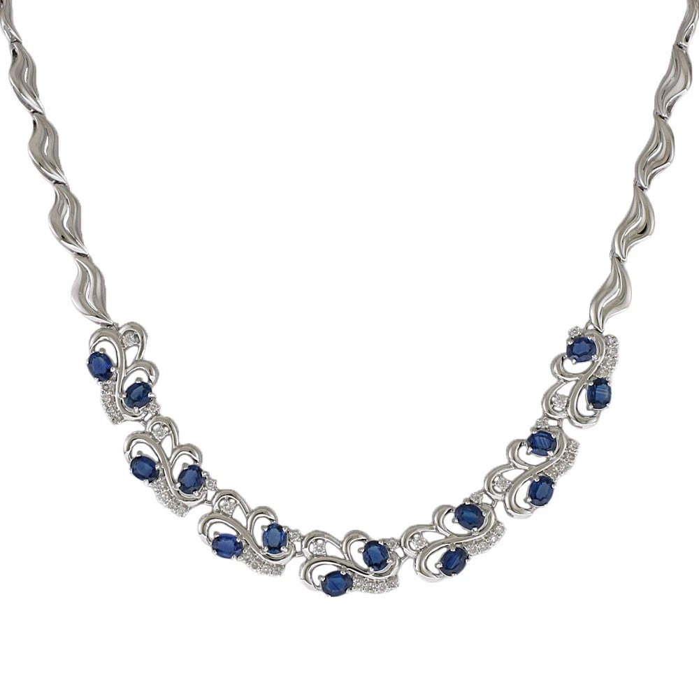 NECKLACE K18 BLUE SAPPHIRE: Necklace K18 blue sapphire Brand: Unbranded Type: Necklace Material: K18 white gold, Main Stone/Creation blue sapphire/diamond Color: Silver Size: (CM) Total Length:41cm Necklace maximum width: