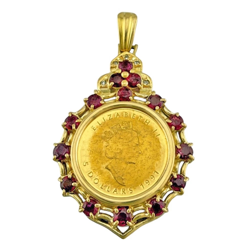 COIN PENDANT K18 GOLD K24 GOLD RUBY: Coin pendant K18 Gold K24 Gold Ruby Brand: Unbranded Type: Coin pendant Material: K18 Gold, Main Stone/Creation Ruby Diamond Color: gold Size: (CM) Top:W23.0mm x H41.0mm Clasp:W3.0mm x H5.5mm (Inch) T