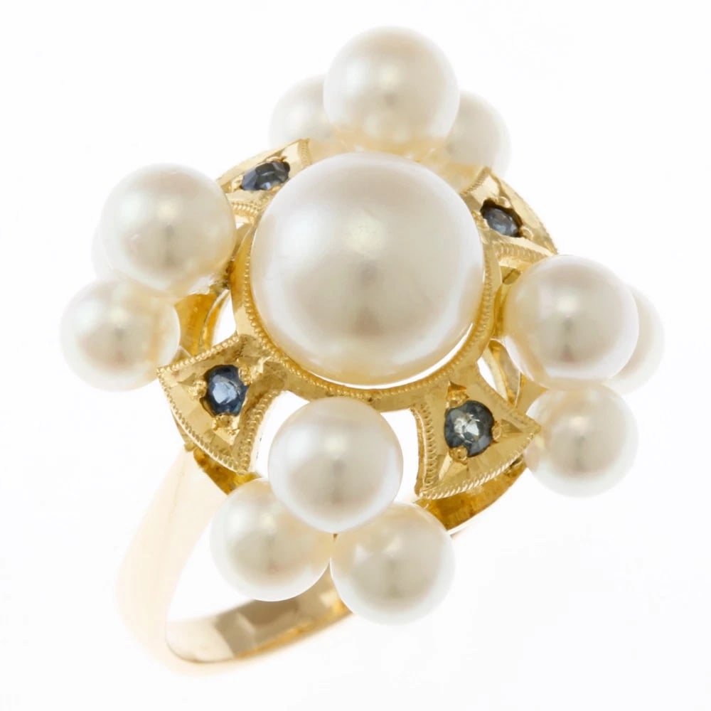 RING K18 YELLOW GOLD: Ring K18 yellow gold Brand: Unbranded Type: Ring Material: K18 yellow gold, Main Stone/Creation Pearl/sapphire Color: gold Size: US 5 3/4 Accessories: None Accessories Notice: When purchasing