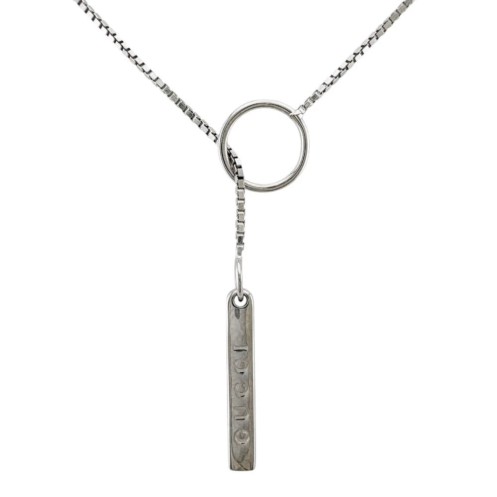 GUCCI NECKLACE K18 WHITE GOLD: GUCCI Necklace K18 white gold Brand: GUCCI Type: Necklace Material: K18 white gold, Color: Silver Size: (CM) Total Length:54cm Chain width:0.8mm Top:W3.0mm x H19.5mm (Inch) Total Length:21.3inch Top:W