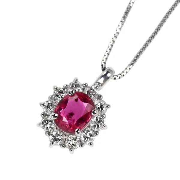 PT900/ PT850 RUBY DIAMOND PENDANT NECKLACE: Pt900/ Pt850 Ruby Diamond Pendant Necklace Brand: None Type: pendant necklace Material: Pt900/ Pt850, Main Stone/Creation rubyside stone daimond Color: Silver Size: Necklace: Chain Length?45cm Acc