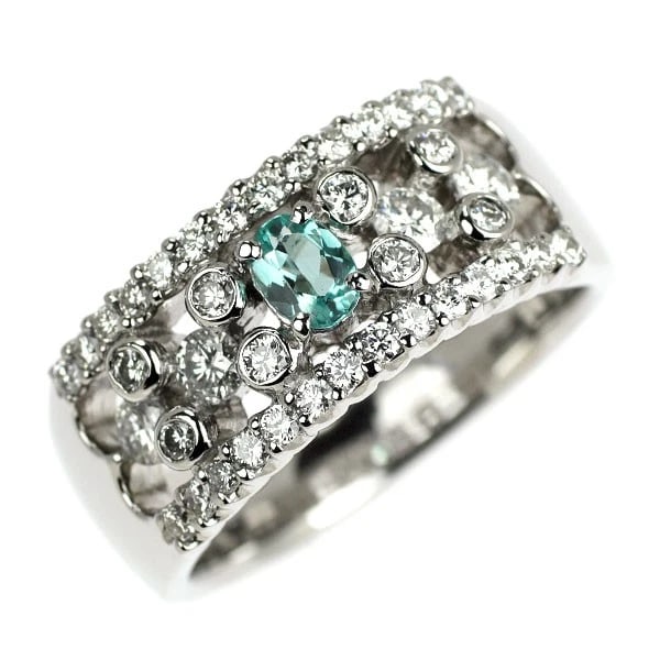 PT900 PARAIBA TOURMALINE DIAMOND RING: Pt900 Paraiba Tourmaline Diamond Ring Brand: None Type: rings Material: PT900, Main Stone/Creation tourmalineSideStoneDiamond Color: Silver Size: US 5.5 - 5.75 Accessories: None Accessories Notice: