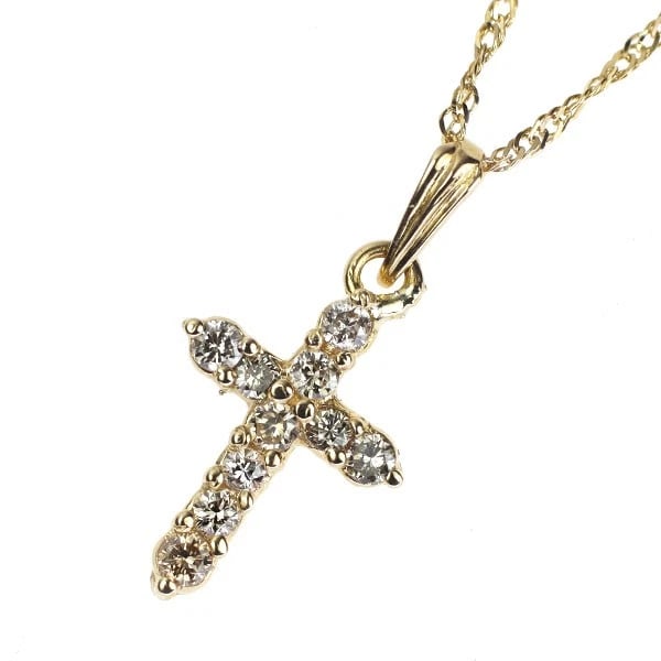 K18YG CROSS DIAMOND PENDANT NECKLACE: K18YG cross diamond pendant necklace Brand: None Type: pendant necklace Material: K18YG, Main Stone/Creation Natural Color: YEllow Gold Size: Necklace: Chain Length40cm Accessories: None Accessories