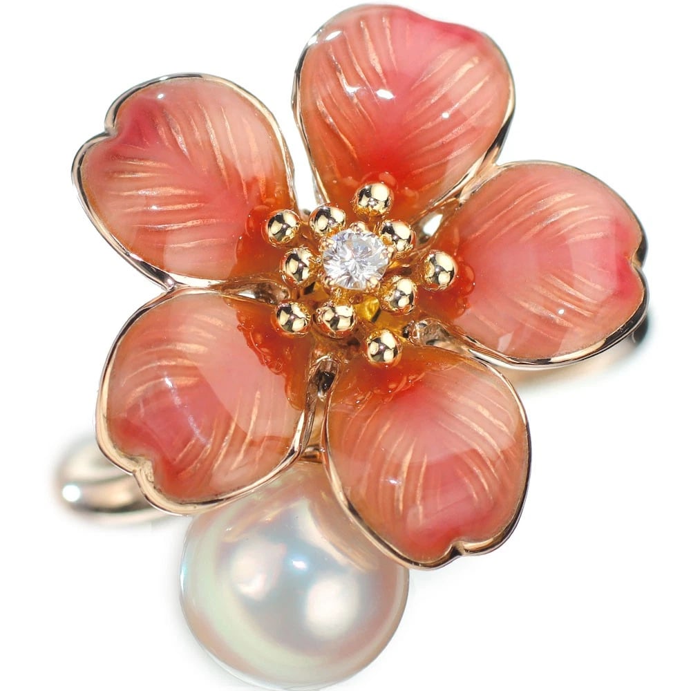 MIKIMOTO ENAMEL/ K18PG AKOYA PEARL/PEARL DIAMOND RING: Mikimoto Enamel/ K18PG Akoya Pearl/Pearl Diamond Ring Brand: Mikimoto Type: rings Material: Enamel/ K18PG, Main Stone/Creation Natural Color: Pink Gold Size: US 5.5 - 5.75 Accessories: None