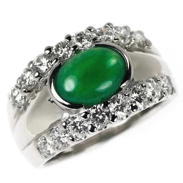 PT900 JADE DIAMOND RING: Pt900 jade diamond ring Brand: None Type: rings Material: Pt900, Main Stone/Creation jadeSideStoneDiamond Color: Silver Size: US 7.5 Accessories: None Accessories Notice: When purchasing pre-owned