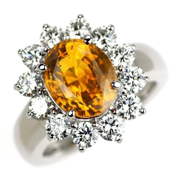 PT900 ORANGE SAPPHIRE DIAMOND RING: Pt900 Orange Sapphire Diamond Ring Brand: None Type: rings Material: Pt900, Main Stone/Creation sapphireSideStoneDiamond Color: Silver Size: US 5.5 - 5.75 Accessories: None Accessories Not