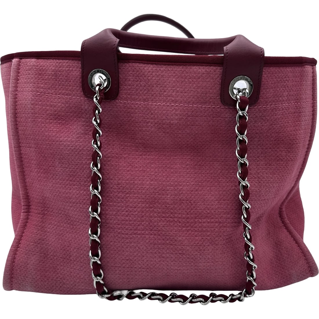 CHANEL DEAUVILLE GM HANDBAG: CHANEL Deauville GM Handbag Brand: CHANEL Type: Handbag Material: canvas Color: Pink SilverHardware Size: W38cm x H29cmx D19cm W15.0 x H11.4x D7.5inch Accessories: None Accessories Notice: When