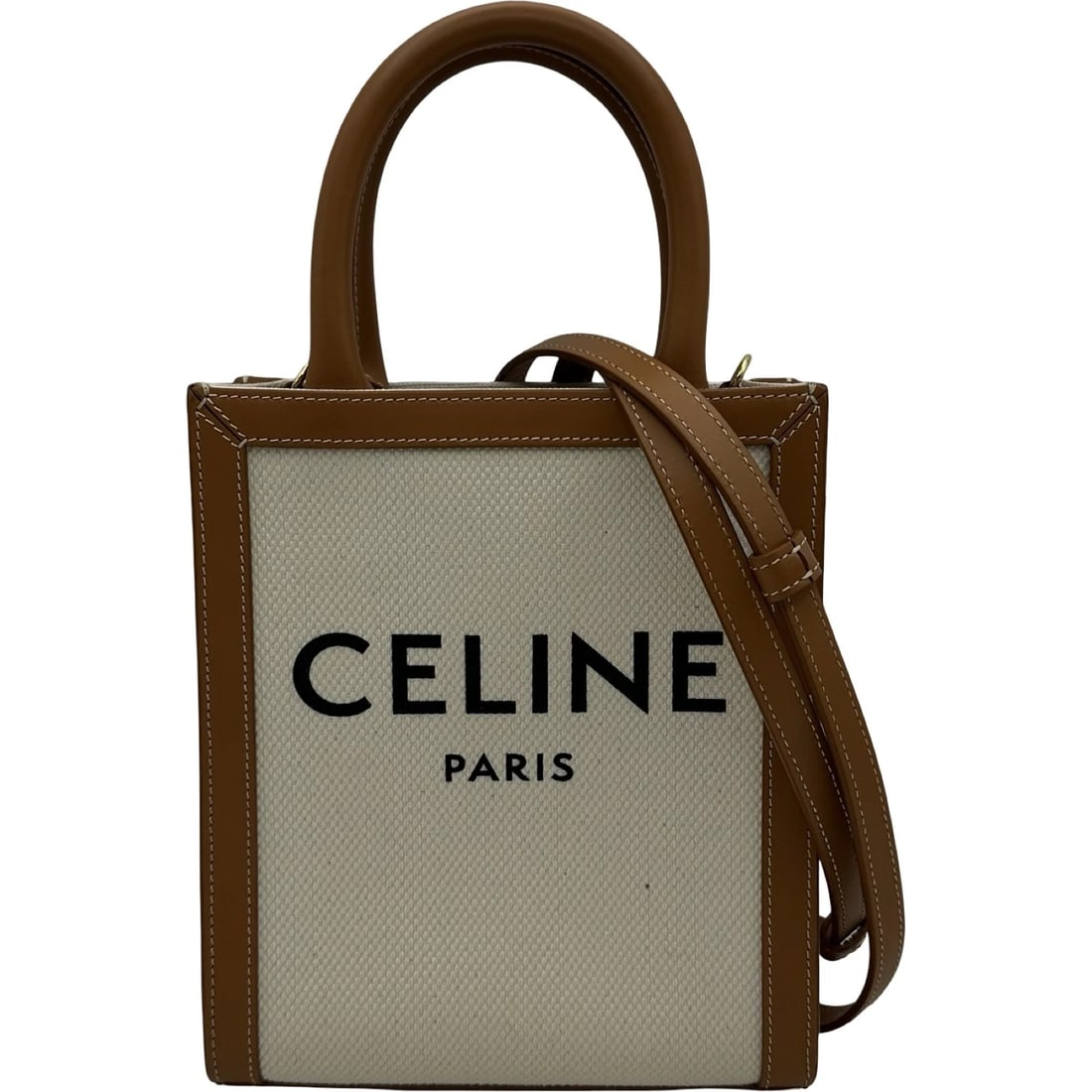 CELINE VERTICAL HIPPO MINI SHOULDER BAG: CELINE Vertical hippo mini Shoulder Bag Brand: CELINE Type: Shoulder Bag Material: Canvas / Calfskin Color: Tan Gold Hardware Size: W17cm x H20cmx D5cm W6.7 x H7.9x D2.0inch Accessories: None
