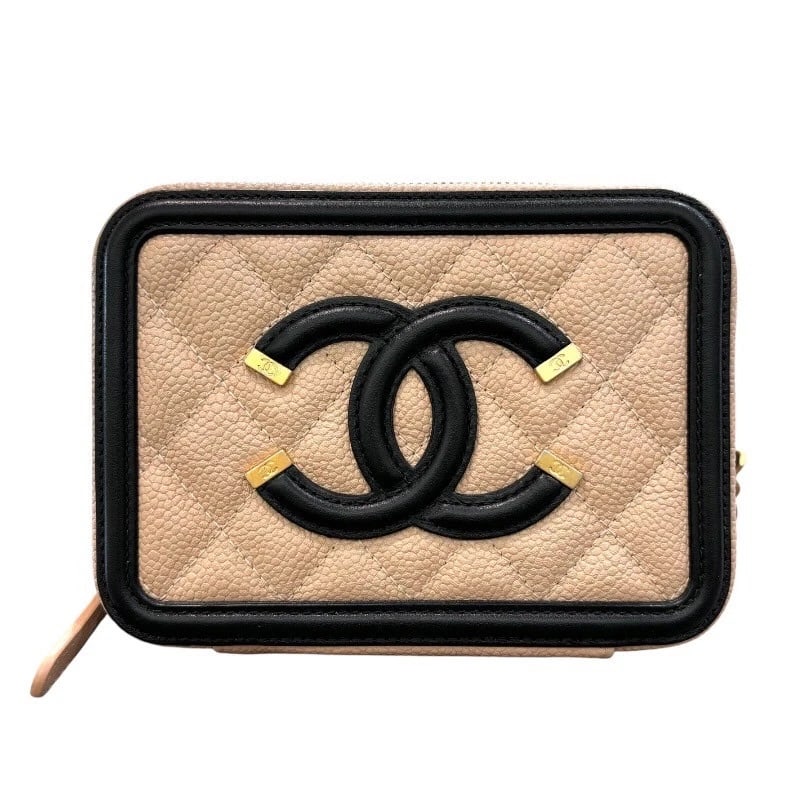 CHANEL CC FILIGREE MINI VANITY SHOULDER BAG: CHANEL CC Filigree Mini Vanity Shoulder Bag Brand: CHANEL Type: Shoulder Bag Material: Caviar skin Color: Beige x Black x GoldHardware Size: W14.5cm x H10.5cmx D5.5cm W5.7 x H4.1x D2.2inch
