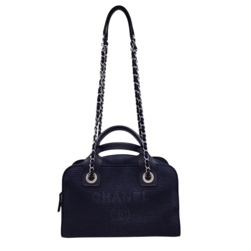 CHANEL DEAUVILLE BOWLING BAG HANDBAG: CHANEL Deauville bowling bag Handbag Brand: CHANEL Type: Handbag Material: cotton Color: Navy Size: W27cm x H20cmx D12cm W10.6 x H7.9x D4.7inch Accessories: None Accessories Notice: When purchasing