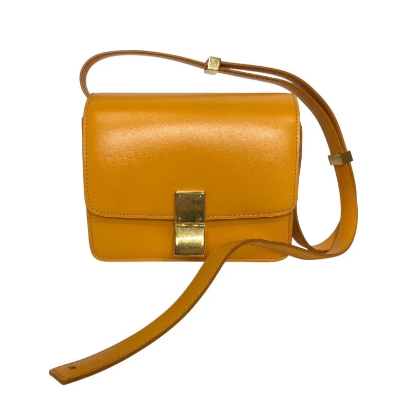 CELINE CLASSIC BOX SMALL SHOULDER BAG: CELINE Classic box small Shoulder Bag Brand: CELINE Type: Shoulder Bag Material: Box scarf Color: Orange Gold Hardware Size: W16.5cm x H13.5cmx D8cm W6.5 x H5.3x D3.1inch Accessories: None