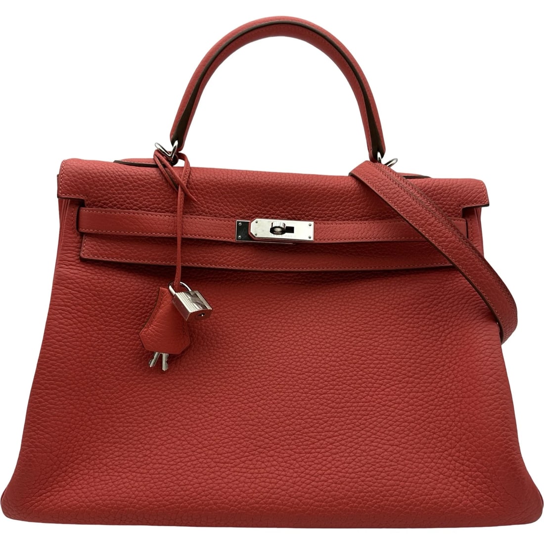 HERMES KELLY 35 HANDBAG: HERMES Kelly 35 Handbag Brand: HERMES Type: Handbag Material: Taurillon Clemence Color: Rose Jaipur SilverHardware Size: W34.5cm x H24.5cmx D13.5cm W13.6 x H9.6x D5.3inch Accessories: None