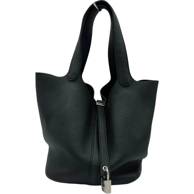 HERMES PICO TAN LOCK MM HANDBAG: HERMES Pico Tan Lock MM Handbag Brand: HERMES Type: Handbag Material: Taurillon Clemence Color: Black SilverHardware Size: W26cm x H21.5cmx D17cm W10.2 x H8.5x D6.7inch Accessories: None A