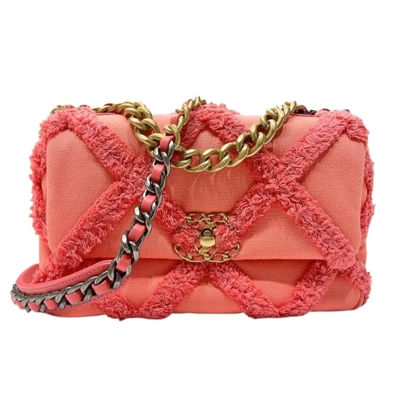 CHANEL CHANEL19 FLAP BAG SHOULDER BAG: CHANEL CHANEL19 flap bag Shoulder Bag Brand: CHANEL Type: Shoulder Bag Material: canvas Color: Pink Gold?SilverHardware Size: W25cm x H17cmx D8cm W9.8 x H6.7x D3.1inch Accessories: None Ac