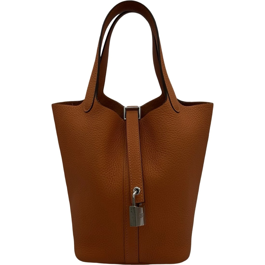 HERMES PICOTAN LOCK PM HANDBAG: HERMES Picotan Lock PM Handbag Brand: HERMES Type: Handbag Material: Taurillon Clemence Color: Orange SilverHardware Size: W19cm x H18.5cmx D12.5cm W7.5 x H7.3x D4.9inch Accessories: None
