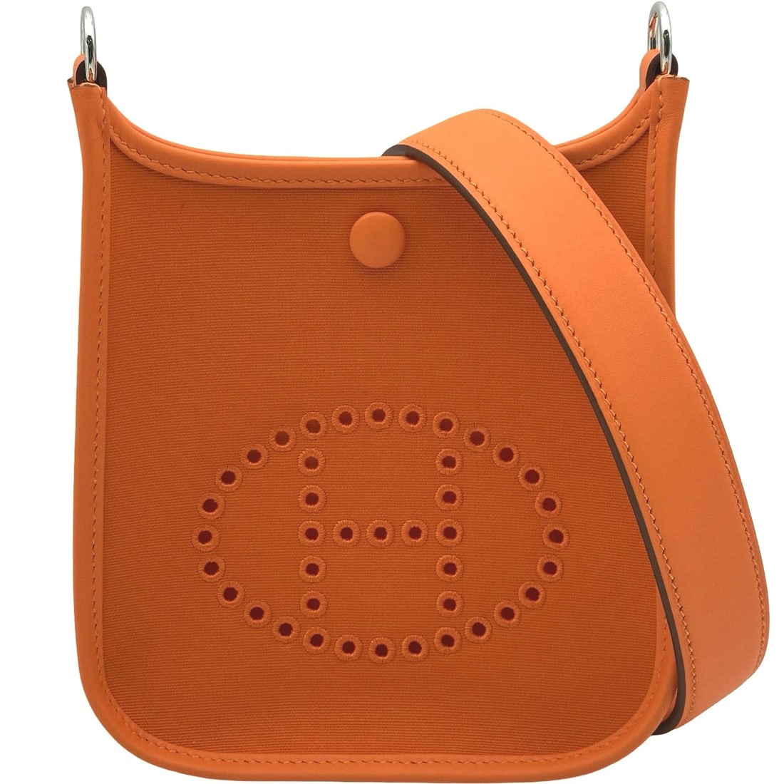 HERMES NEO EVELYN TPM SHOULDER BAG: HERMES Neo Evelyn TPM Shoulder Bag Brand: HERMES Type: Shoulder Bag Material: Toile / Swift Color: Orange SilverHardware Size: W17cm x H18cmx D5cm W6.7 x H7.1x D2.0inch Accessories: None Accessories