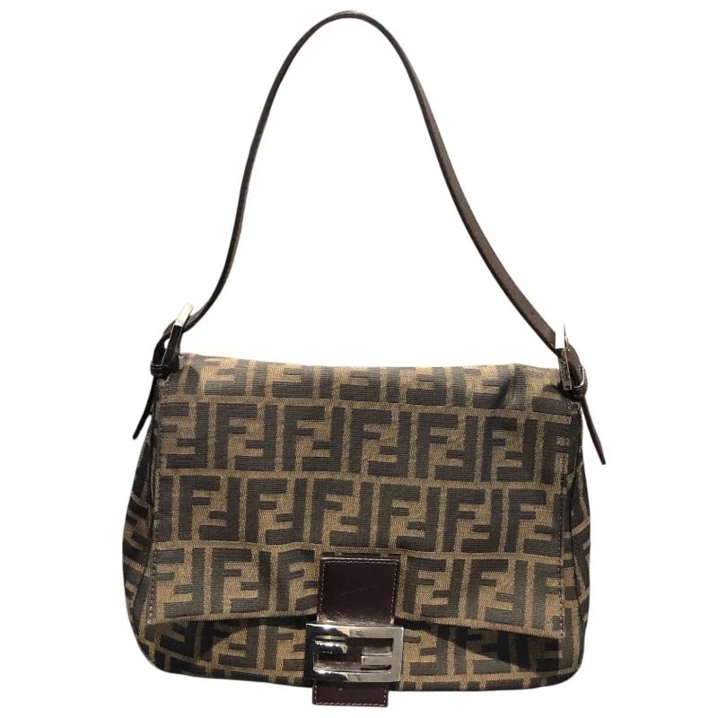 FENDI MAMMA FLAP BAG SHOULDER BAG: FENDI Mamma Flap Bag Shoulder Bag Brand: FENDI Type: Shoulder Bag Material: Nylon/Jacquard Color: Brown Size: W28.5cm x H19cmx D11.5cm W11.2 x H7.5x D4.5inch Accessories: None Accessories Notice: