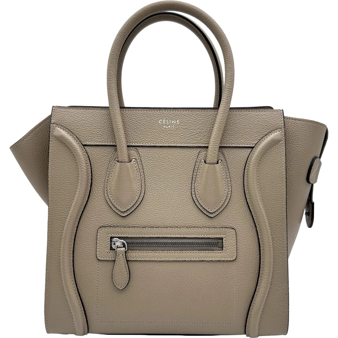 CELINE LUGGAGE MICRO HANDBAG: CELINE Luggage micro Handbag Brand: CELINE Type: Handbag Material: Drummed calfskin Color: Beige SilverHardware Size: W26.5cm x H25cmx D13cm W10.4 x H9.8x D5.1inch Accessories: None Access