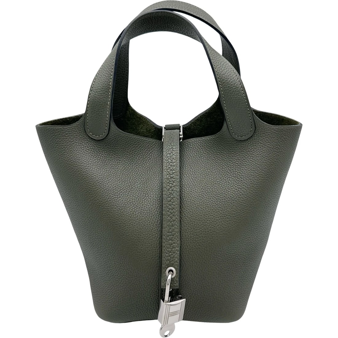 HERMES PICOTAN LOCK PM HANDBAG: HERMES Picotan Lock PM Handbag Brand: HERMES Type: Handbag Material: Taurillon Clemence Color: Veil Olive SilverHardware Size: W20cm x H21cmx D6cm W7.9 x H8.3x D2.4inch Accessories: None A