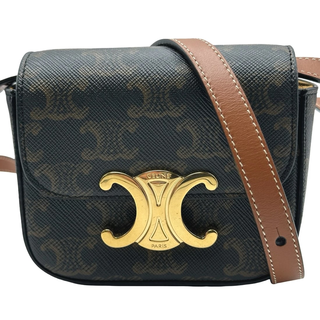 CELINE MINI CLAUDE SHOULDER BAG: CELINE mini claude Shoulder Bag Brand: CELINE Type: Shoulder Bag Material: Triomphe canvas Color: Tan Size: W11cm x H10cmx D4cm W4.3 x H3.9x D1.6inch Accessories: None Accessories Notice:
