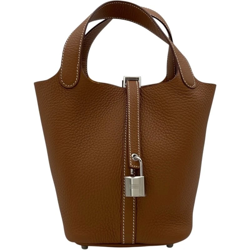 HERMES PICOTAN LOCK PM HANDBAG: HERMES Picotan Lock PM Handbag Brand: HERMES Type: Handbag Material: Taurillon Clemence Color: Gold SV Hardware Size: W18cm x H18cmx D13cm W7.1 x H7.1x D5.1inch Accessories: None Accessori