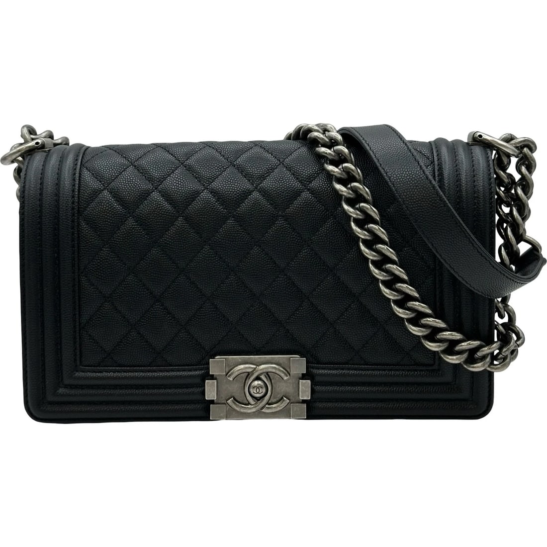 CHANEL BOY CHANEL 25 SHOULDER BAG: CHANEL Boy Chanel 25 Shoulder Bag Brand: CHANEL Type: Shoulder Bag Material: Caviar skin Color: Black SilverHardware Size: W25cm x H14.5cmx D6cm W9.8 x H5.7x D2.4inch Accessories: None Acc