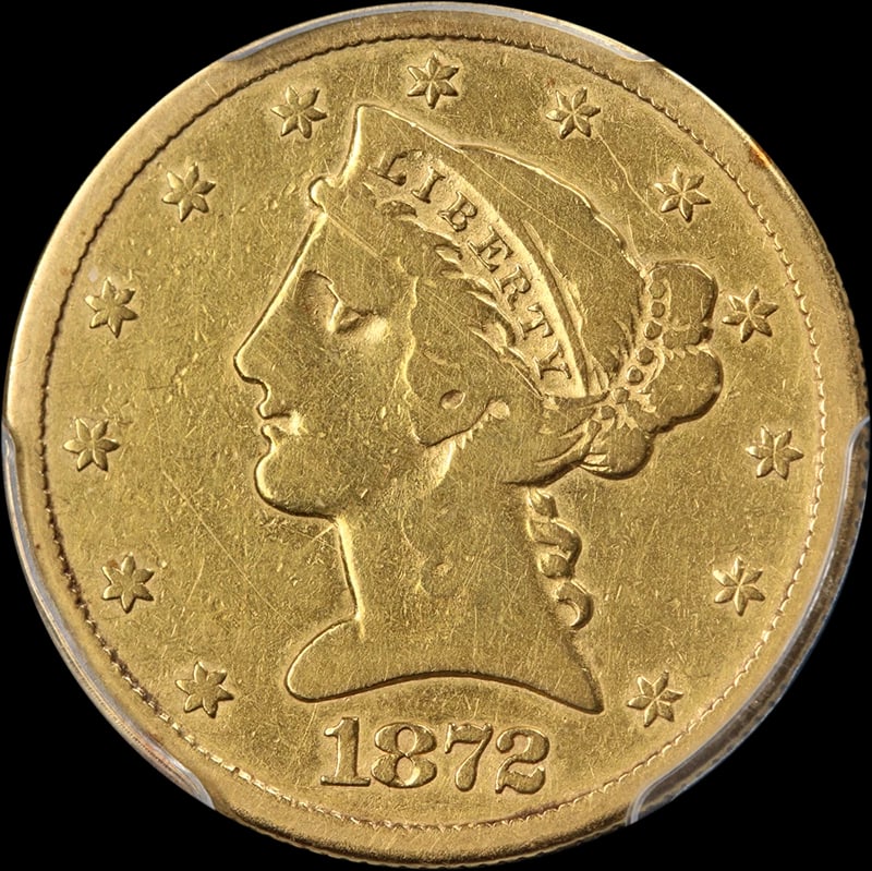 1872-CC LIBERTY GOLD $5 F DETAILS (1 of 2)