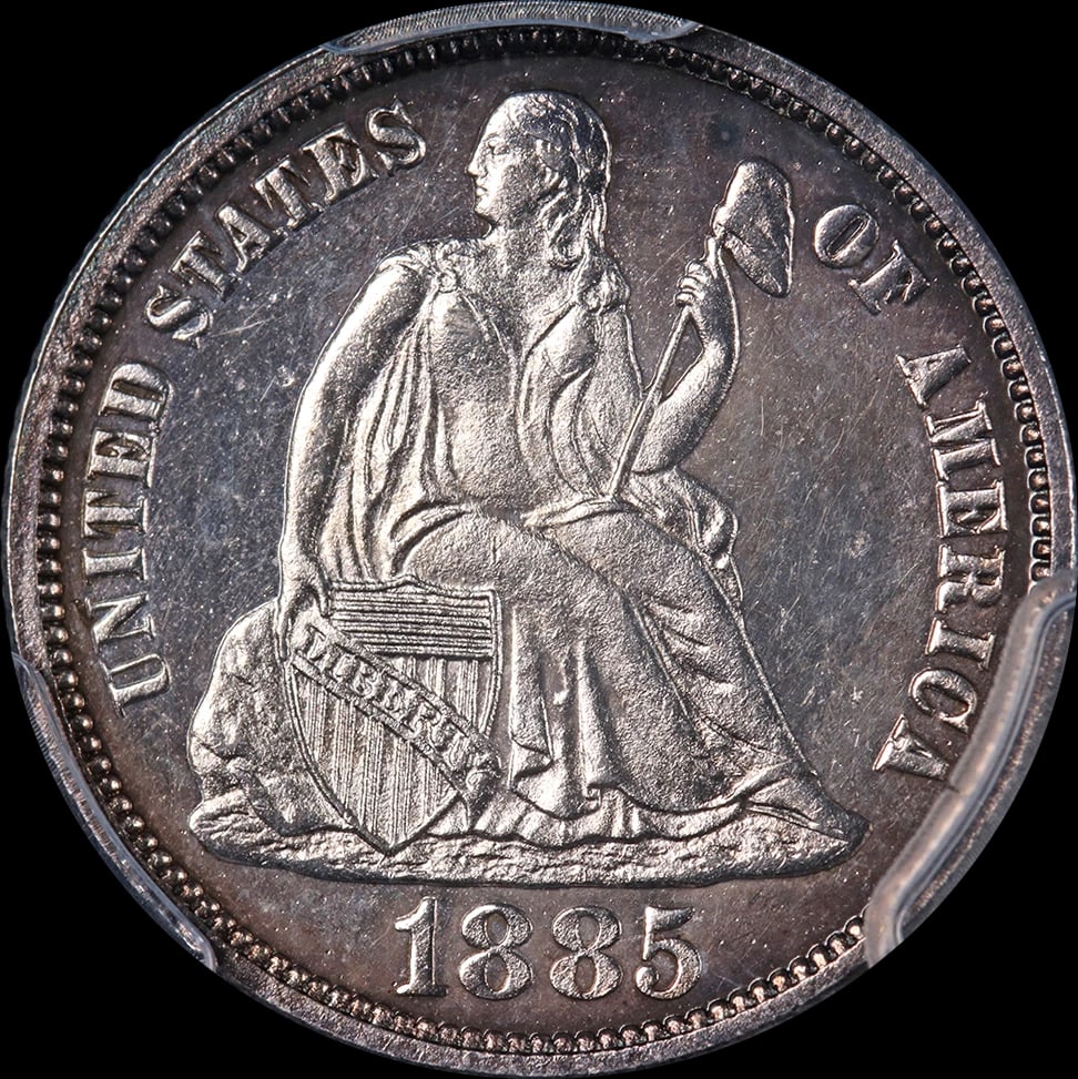 1885 SEATED LIBERTY DIME PROOF: 1885 Seated Liberty Dime Proof Year: 1885 Fineness: None Composition: Silver Denomination: None Country of Origin: United States Accessories: None Accessories Notice: When purchasing pre-o