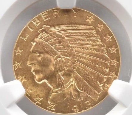 1913 $5 INDIAN HEAD GOLD HALF EAGLE: 1913 $5 Indian Head Gold Half Eagle Brand/Mint: None Year: 1913 Fineness: None Country of Origin: United States Accessories: None Accessories Notice: When purchasing pre-owned goods, please refer t
