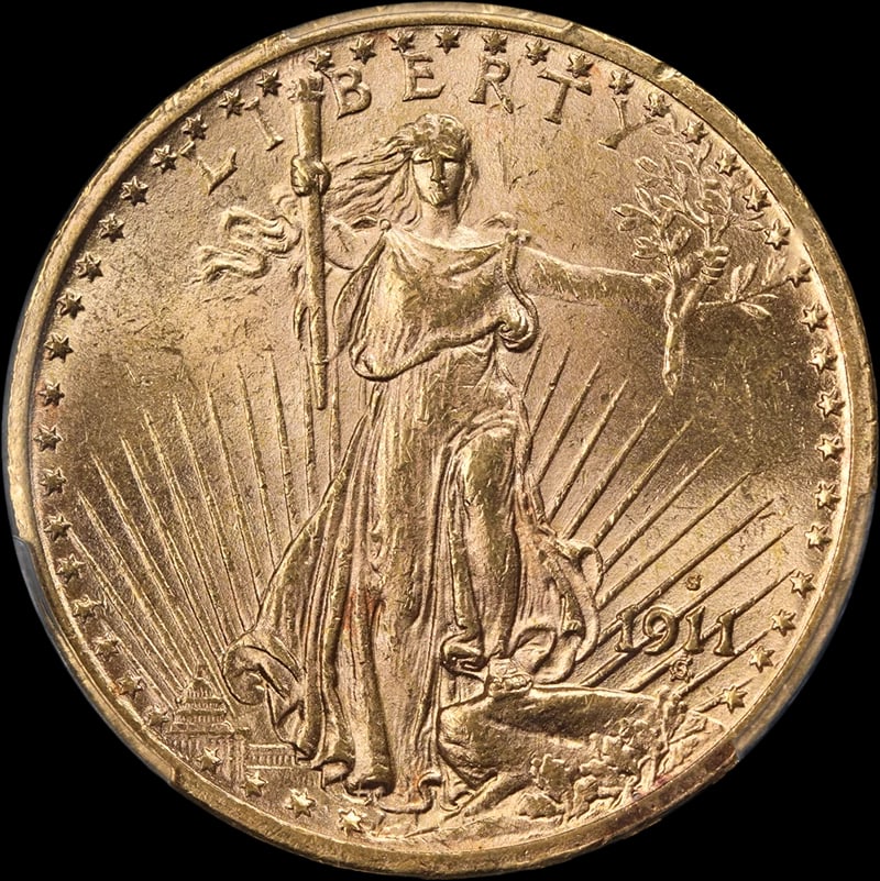 1911-S SAINT-GAUDENS GOLD $20: 1911-S Saint-Gaudens Gold $20 Year: 1911 Fineness: 0.9 Composition: Gold Denomination: $20 Country of Origin: United States Accessories: None Accessories Notice: When purchasing pre-owned goods,