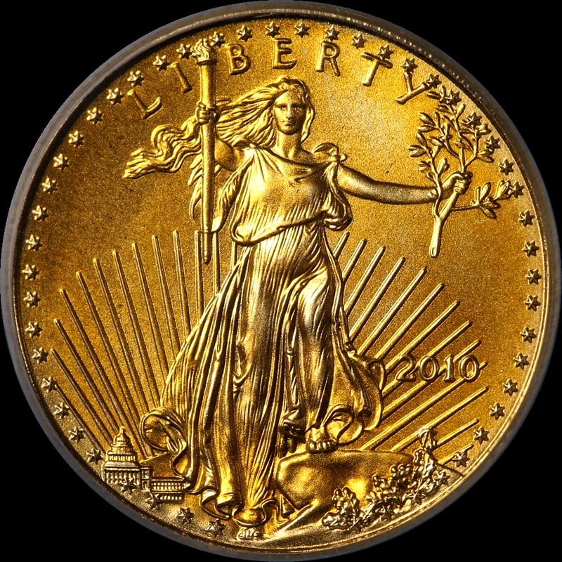 2010 GOLD AMERICAN EAGLE $5: 2010 Gold American Eagle $5 Year: 2010 Fineness: 0.9167 Composition: Gold Denomination: $5 Country of Origin: United States Accessories: None Accessories Notice: When purchasing pre-owned