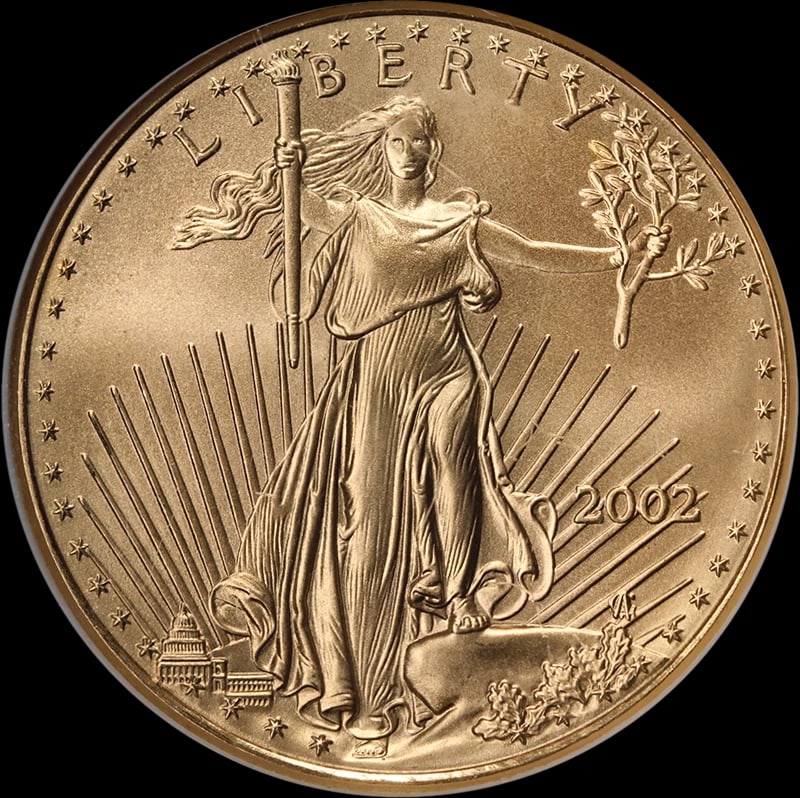 2002 GOLD AMERICAN EAGLE $50: 2002 Gold American Eagle $50 Year: 2002 Fineness: 0.9167 Composition: Gold Denomination: $50 Country of Origin: United States Accessories: None Accessories Notice: When purchasing pre-owne