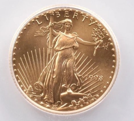1998 $10 AMERICAN GOLD EAGLE: 1998 $10 American Gold Eagle Brand/Mint: None Year: 1998 Fineness: None Denomination: $10 Country of Origin: United States Accessories: None Accessories Notice: When purchasing pre-owned goods,