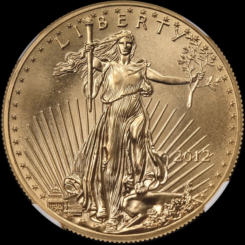 2012 GOLD AMERICAN EAGLE $50: 2012 Gold American Eagle $50 Year: 2012 Fineness: 0.9167 Composition: Gold Denomination: $50 Country of Origin: United States Accessories: None Accessories Notice: When purchasing pre-owne