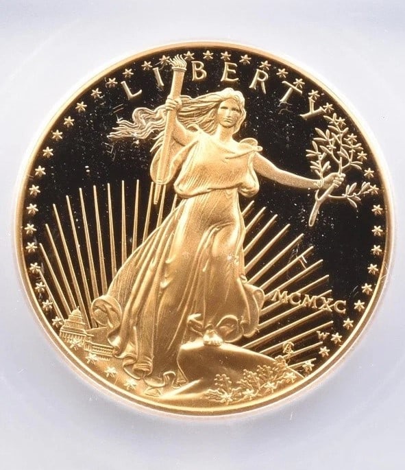 1990-W $50 AMERICAN GOLD EAGLE: 1990-W $50 American Gold Eagle Brand/Mint: None Year: 1990 Fineness: None Denomination: $50 Country of Origin: United States Accessories: None Accessories Notice: When purchasing pre-owned