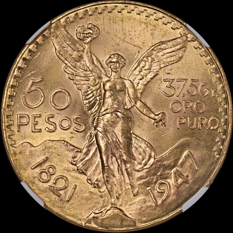 1947 MEXICO GOLD 50 PESO: 1947 Mexico Gold 50 Peso Year: 1947 Fineness: 0.9 Composition: Gold Denomination: 50 Peso Country of Origin: Mexico Accessories: None Accessories Notice: When purchasing pre-owned goods, p