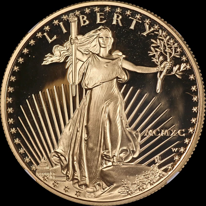 1990-W GOLD AMERICAN EAGLE $50: 1990-W Gold American Eagle $50 Year: 1990 Fineness: None Composition: Gold Denomination: $50 Country of Origin: United States Accessories: None Accessories Notice: When purchasing pre-owne