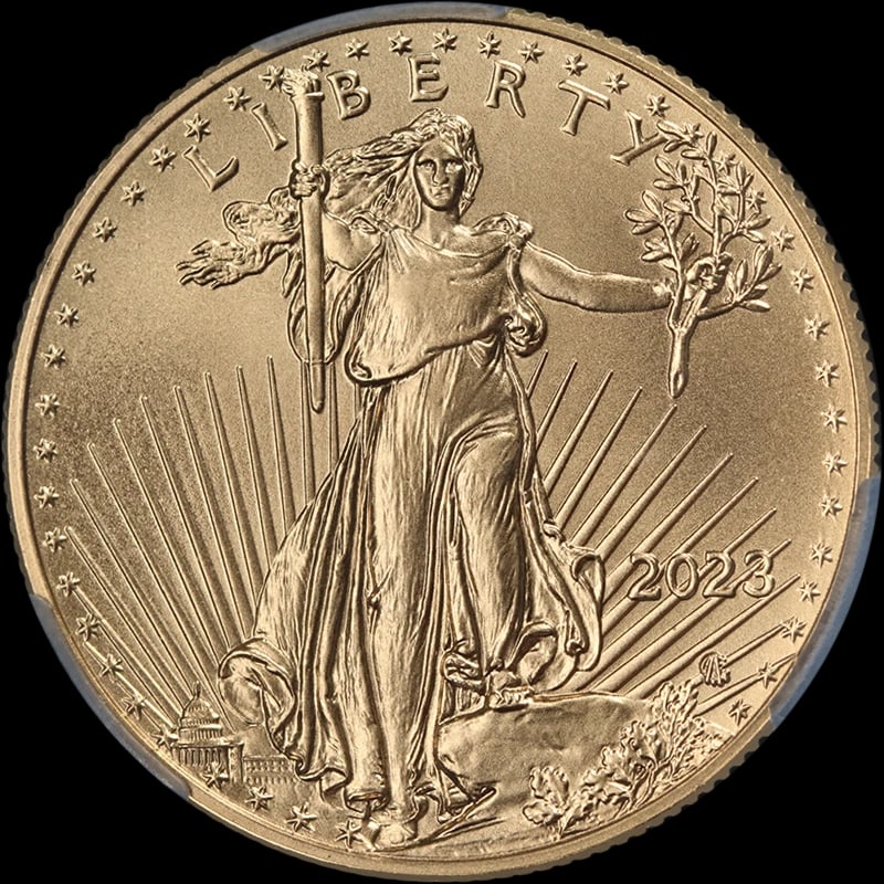 2023 GOLD AMERICAN EAGLE $25: 2023 Gold American Eagle $25 Year: 2023 Fineness: 0.9167 Composition: Gold Denomination: $25 Country of Origin: United States Accessories: None Accessories Notice: When purchasing pre-owne