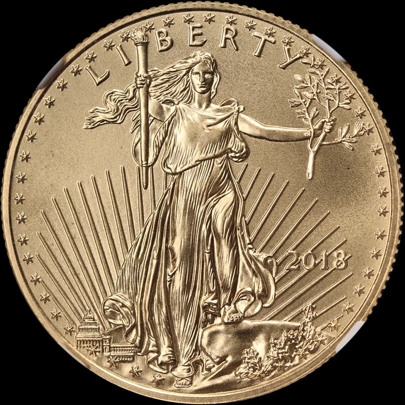 2018 GOLD AMERICAN EAGLE $25: 2018 Gold American Eagle $25 Year: 2018 Fineness: 0.9167 Composition: Gold Denomination: $25 Country of Origin: United States Accessories: None Accessories Notice: When purchasing pre-owne