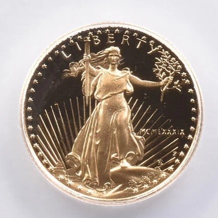 1989-P $10 AMERICAN GOLD EAGLE: 1989-P $10 American Gold Eagle Brand/Mint: None Year: 1989 Fineness: None Denomination: $10 Country of Origin: United States Accessories: None Accessories Notice: When purchasing pre-owned