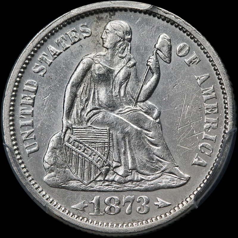 1873-P SEATED LIBERTY DIME DOUBLED DIE: 1873-P Seated Liberty Dime Doubled Die Year: 1873 Fineness: 0.9 Composition: Silver Denomination: None Country of Origin: United States Accessories: None Accessories Notice: When purchasin