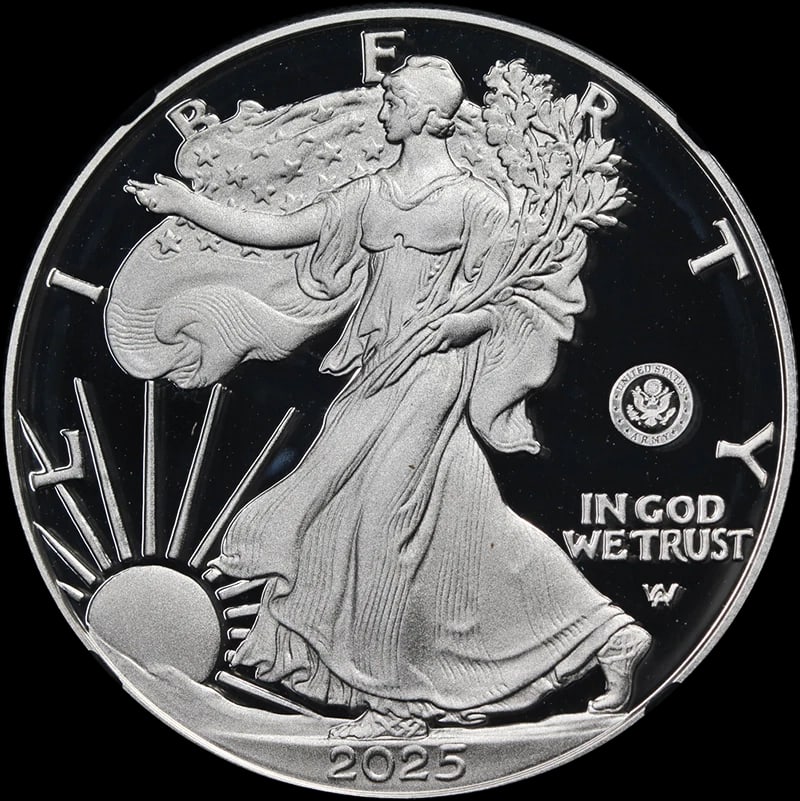 2025 SILVER AMERICAN EAGLE $1: 2025 Silver American Eagle $1 Year: 2025 Fineness: 0.999 Composition: Silver Denomination: $1 Country of Origin: United States Accessories: None Accessories Notice: When purchasing pre-own