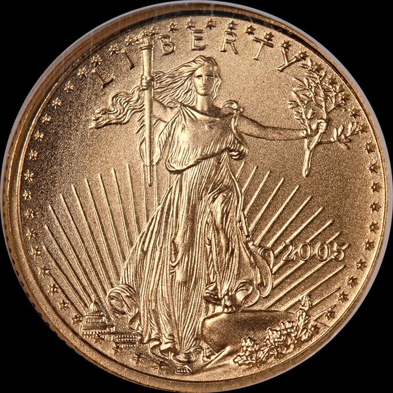 2005 GOLD AMERICAN EAGLE $5: 2005 Gold American Eagle $5 Year: 2005 Fineness: None Composition: Gold Denomination: $5 Country of Origin: United States Accessories: None Accessories Notice: When purchasing pre-owned go