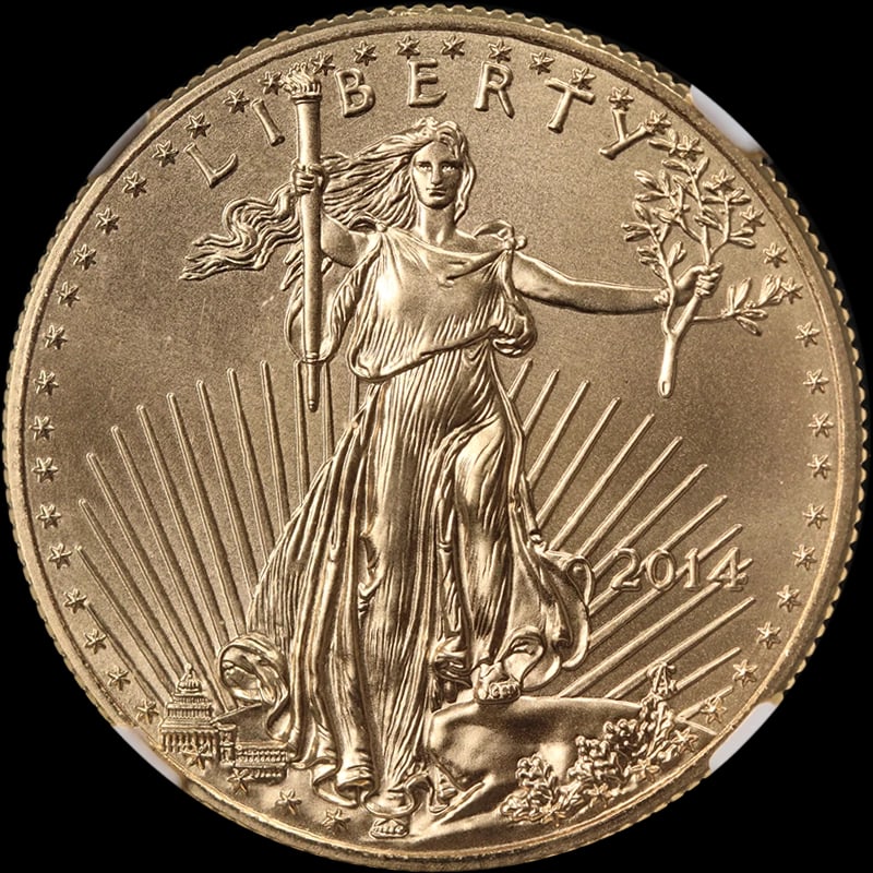 2014 GOLD AMERICAN EAGLE $25: 2014 Gold American Eagle $25 Year: 2014 Fineness: 0.9167 Composition: Gold Country of Origin: United States Accessories: None Accessories Notice: When purchasing pre-owned goods, please refer to t