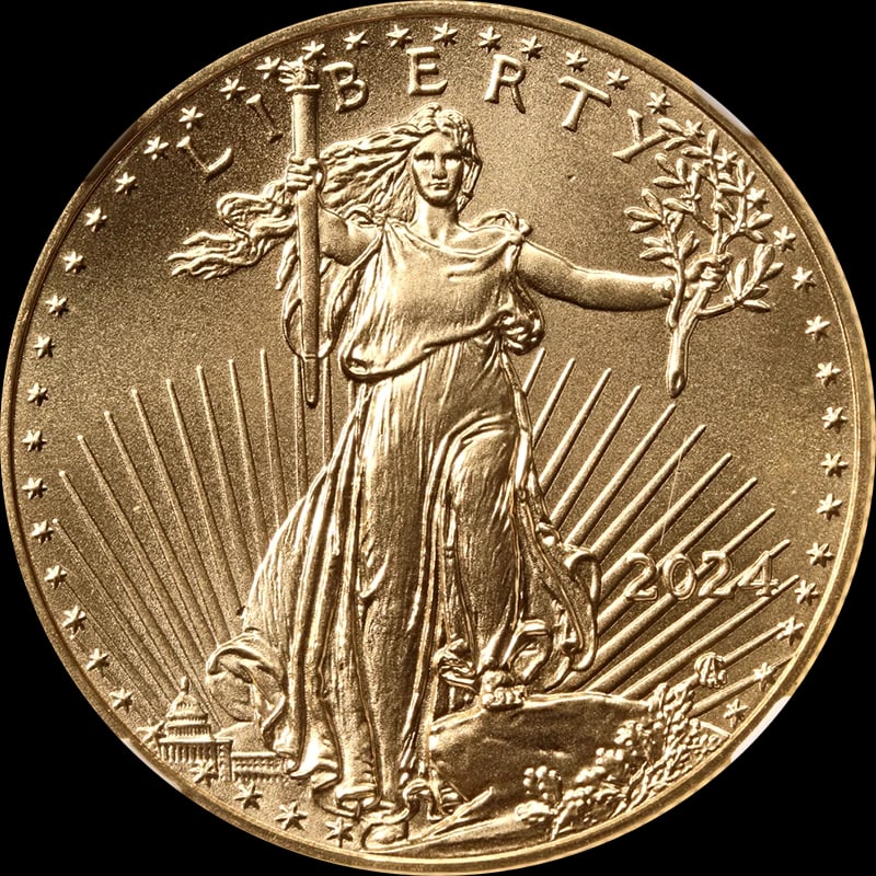 2024 GOLD AMERICAN EAGLE $25: 2024 Gold American Eagle $25 Year: 2024 Fineness: 0.9167 Composition: Gold Denomination: $25 Country of Origin: United States Accessories: None Accessories Notice: When purchasing pre-owned goods,