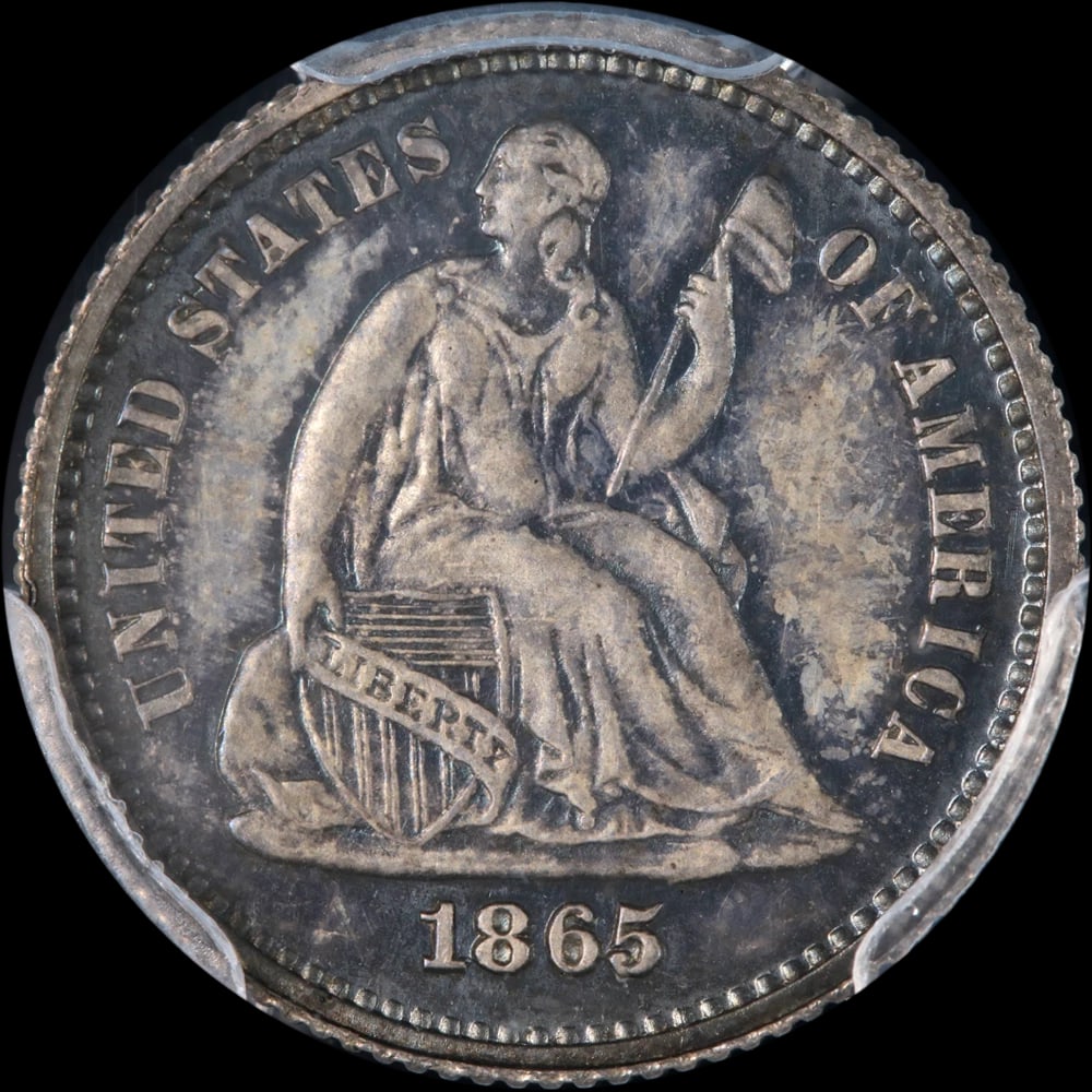 1865 SEATED LIBERTY HALF DIME PROOF: 1865 Seated Liberty Half Dime Proof Year: 1865 Fineness: None Composition: Silver Denomination: None Country of Origin: United States Accessories: None Accessories Notice: When purchasing