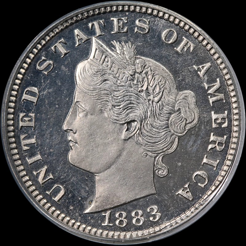 1883 LIBERTY V NICKEL PATTERN PROOF: 1883 Liberty V Nickel Pattern Proof Year: 1883 Fineness: None Composition: None Denomination: None Country of Origin: United States Accessories: None Accessories Notice: When purchasing pr