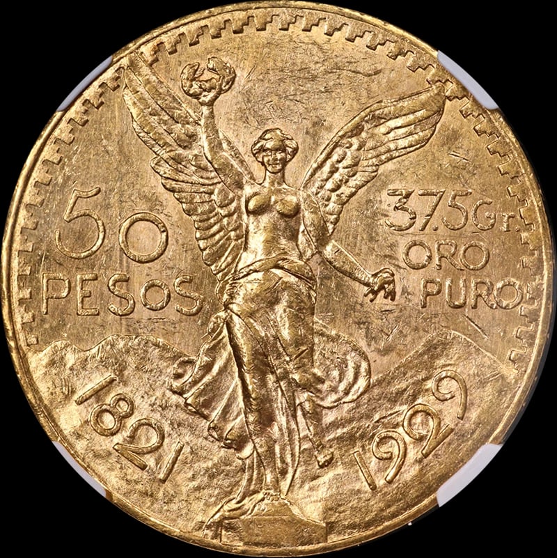 1929 MEXICO GOLD 50 PESO: 1929 Mexico Gold 50 Peso Year: 1929 Fineness: 0.9 Composition: Gold Denomination: 50 Peso Country of Origin: Mexico Accessories: None Accessories Notice: When purchasing pre-owned goods, p