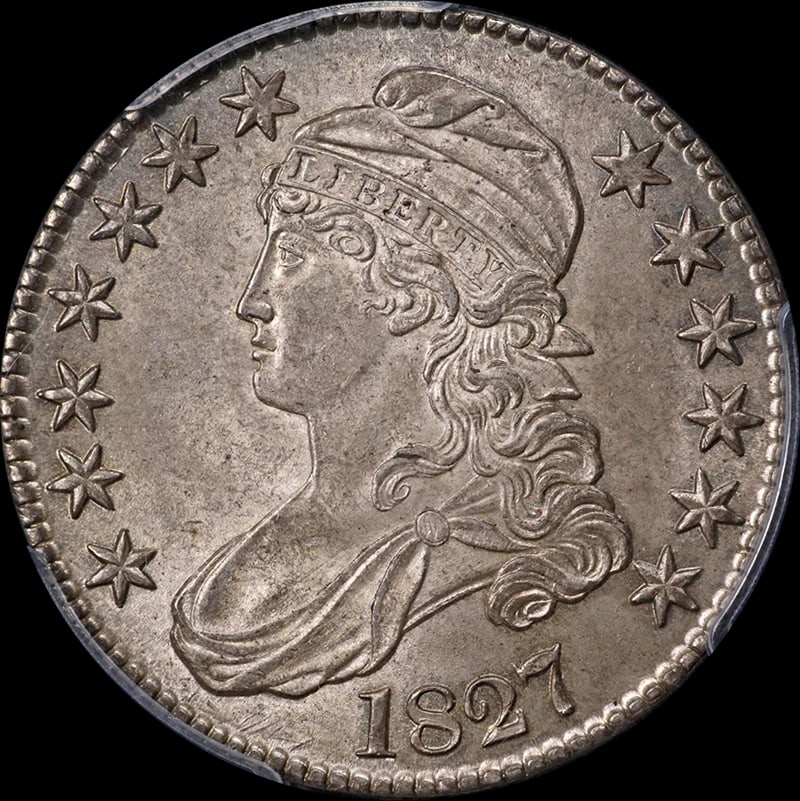 1827 BUST HALF DOLLAR SQUARE BASE: 1827 Bust Half Dollar Square Base Year: 1827 Fineness: None Composition: Silver Denomination: Half Dollar Country of Origin: United States Accessories: None Accessories Notice: When purcha